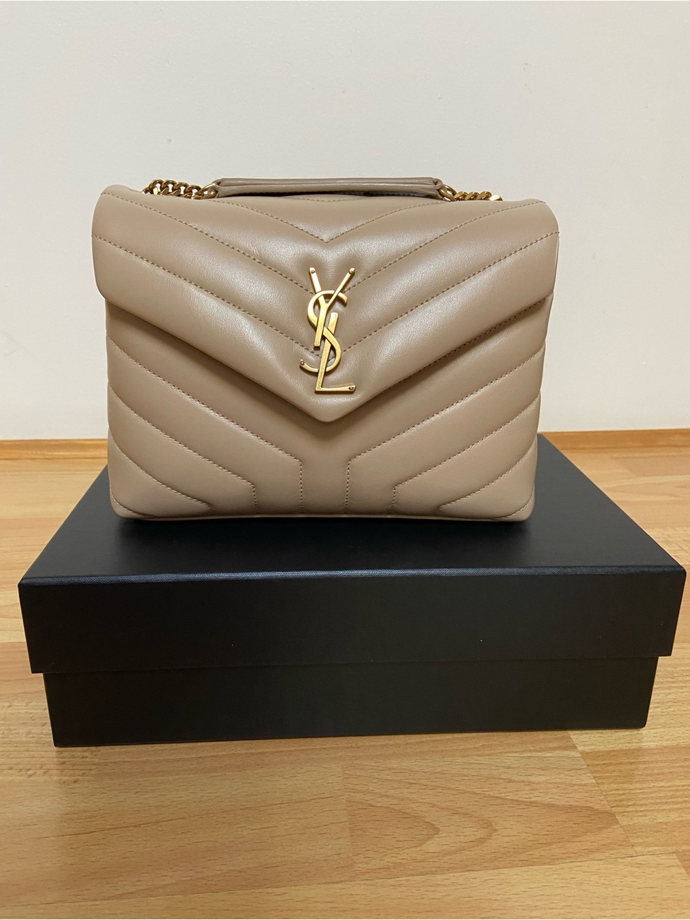 Saint Laurent Taupe Quilted Leather Shoulder Bag with Gold YSL Hardware